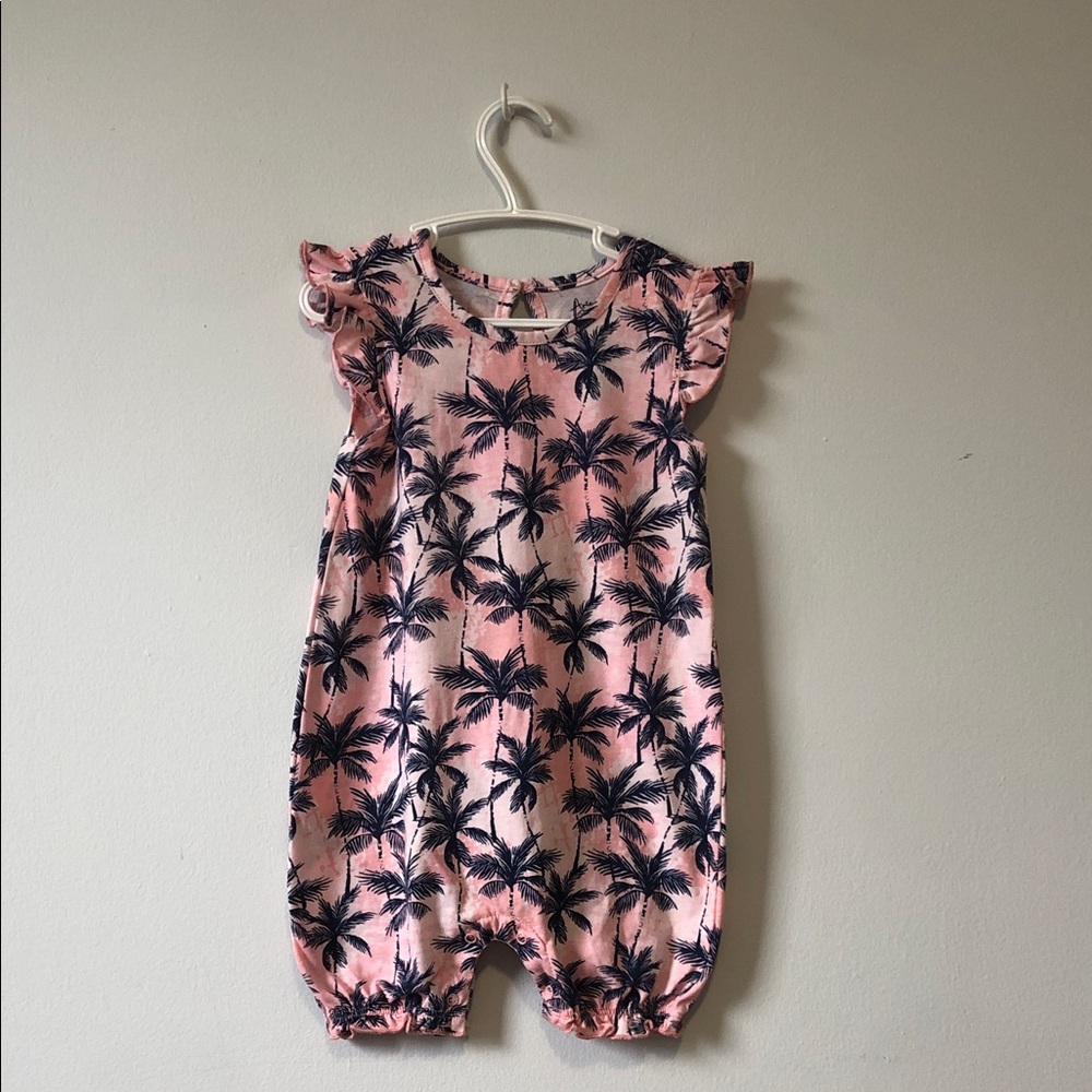 Pink Palm-Print Baby Romper with Ruffle Sleeves